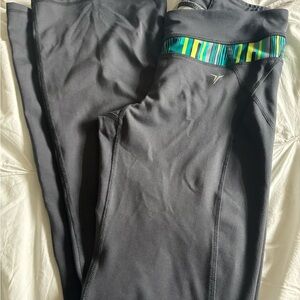 Grey Workout Leggings with Teal & Lime Striped Waistband